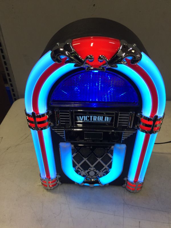 Photo 3 of Victrola Nostalgic Wood Countertop Jukebox with Built-in Bluetooth Speaker, 50's Retro Vibe, 5 Bright Color-Changing LED Tubes, FM Radio, Wireless Music Streaming, AM/FM Radio, Aux Input