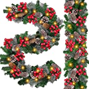 Photo 1 of [ 2 Pack & Timer 8 Modes ] 9 Ft 100 LED Each Prelit Thicker Christmas Garland Lights 300 Branch 198 Red Berry Snowy Pinecone Waterproof Christmas Decoration Indoor Outdoor, Total 18 Ft 200 Warm Lights
