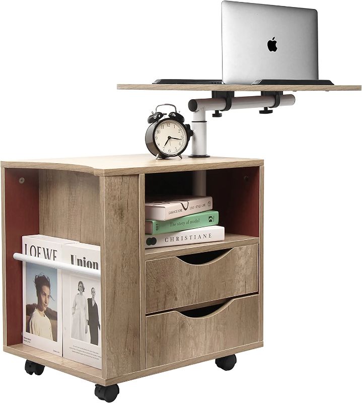 Photo 1 of DANSION Bedside Table Workstation, Adjustable Swivel Tilt Wooden Nightstand Laptop Desk with Drawers and Magazine Holder, Laptop Cart with Wheels, Grey -- MISSING SOME HARDWARE