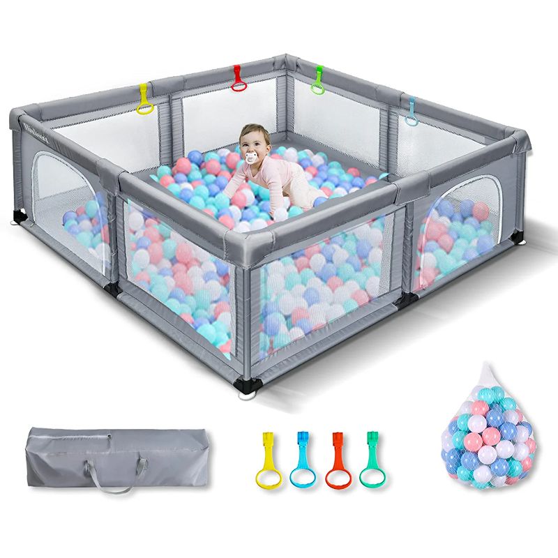 Photo 1 of Hiaksedt Baby Playpen Play Pens for Babies and Toddlers Large Baby Play Yards with Ocean Ball&4 Handlers,Baby Fence Play Area with Breathable Mesh(Grey,71"x59"x27")
