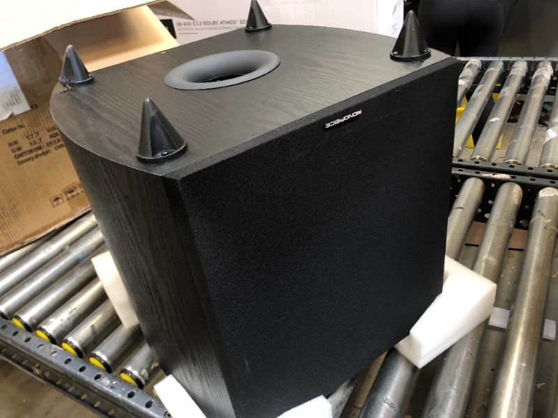 Photo 1 of Monoprice SW-12 12" 400 Watt RMS (600 Watt Peak) Powered Subwoofer - -  WOOD DAMAGE AROUND ONE LEG 
