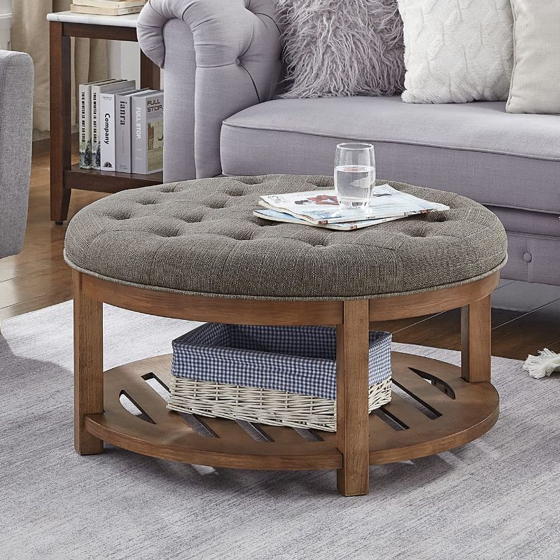 Photo 1 of 24KF Large Round Upholstered Tufted Linen Ottoman Coffee Table, Large Footrest Ottoman with Wood Shelf Storage-Granite
