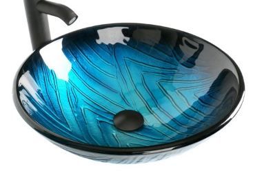 Photo 1 of Ainfox Ocean Blue Fashionable Bathroom Artistic Tempered Glass Vessel Sink Bowl with Faucet & Pop-up Drain Combo
