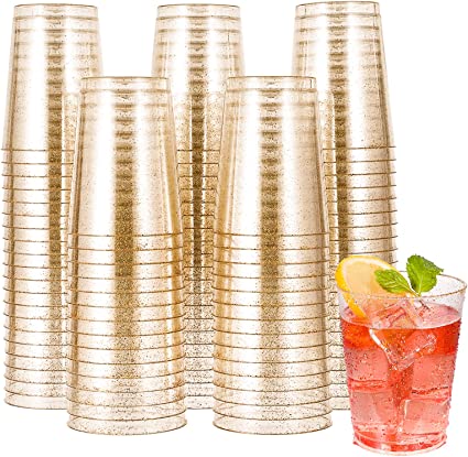 Photo 1 of 100pcs 10OZ Gold Plastic Cups,Disposable Gold Glitter Plastic Cups,