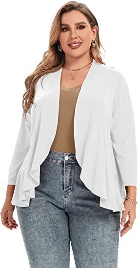 Photo 1 of LARACE Lightweight Summer Cardigans for Women Plus Size Open Front 3/4 Sleeve Draped Ruffles Casual Cover Up Tops, Size 3X
