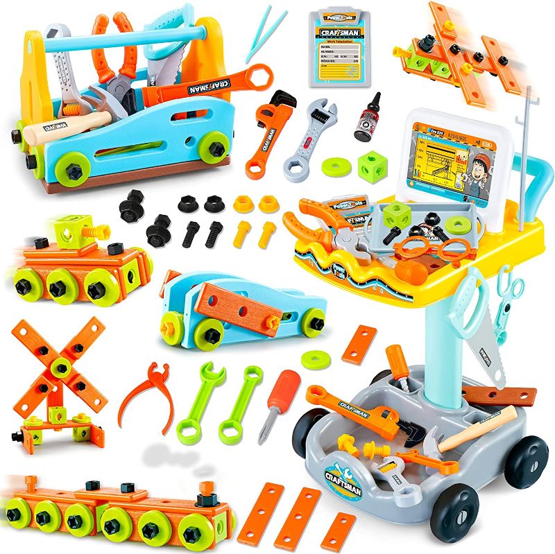 Photo 1 of Kids Realistic Construction Tools Toys Set-102PCS Pretend Play Tool Workbench Toys Kit for Toddler with Movable Workshop,Carry Tool Box,Hammer,Saws