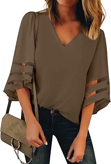 Photo 1 of LookbookStore Women's V Neck Mesh Panel Blouse 3/4 Bell Sleeve Loose Top Shirt, Size Medium 
