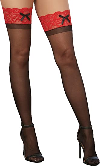 Photo 1 of Dreamgirl Women's Sheer Thigh-High Stockings with Contrast Lace and Bow
