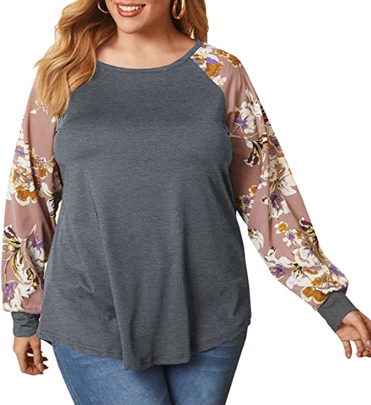 Photo 1 of Ebifin Womens Plus Size Floral Printing Tops Crew Neck Long Sleeve Casual T Shirts - UNKNWON SIZE -