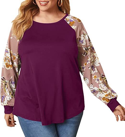 Photo 1 of Ebifin Womens Plus Size Floral Printing Tops Crew Neck Long Sleeve Casual T Shirts - UNKNWON SIZE -