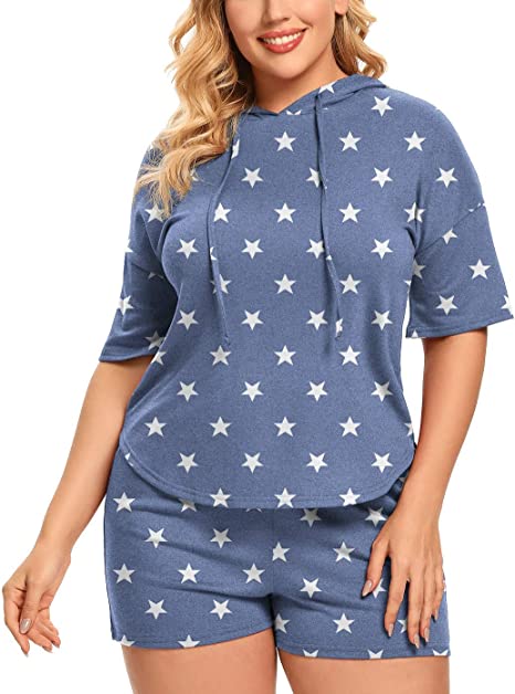 Photo 1 of DEARCASE Women’s Plus Size Short Sleeve Pajamas Set Hoodie With Shorts Lounge Set Casual Sleepwear With Pockets - XL -