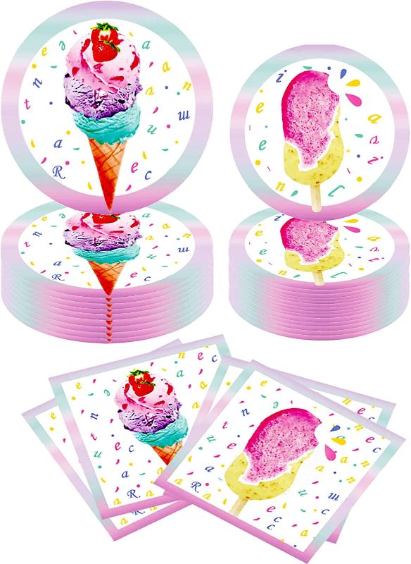 Photo 1 of AMZHWM Lce cream Party Set - Pool Summer Pink Ice cream Party Supplies include Disposable Napkins Plates,Ice cream Birthday Party Supplies Decorations Favors 16 Guests
