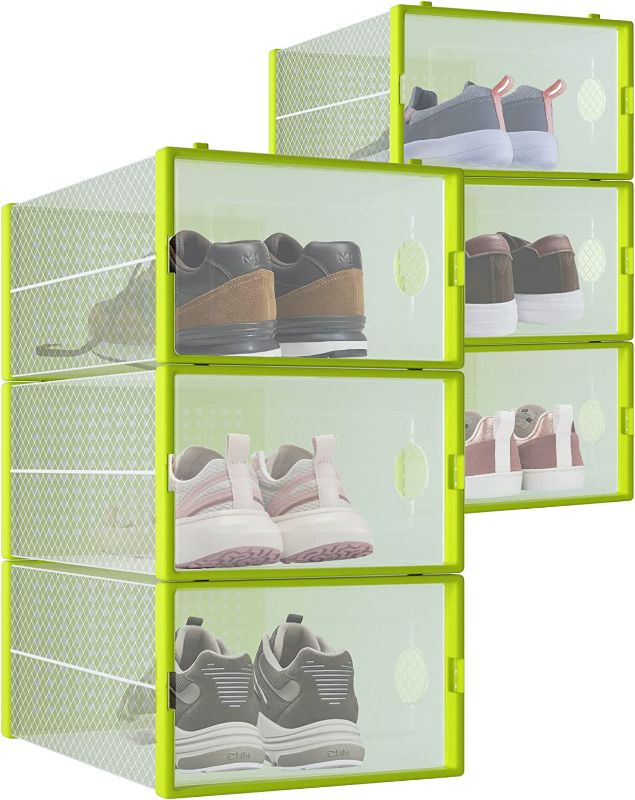 Photo 1 of 6-Pack Shoe Storage Boxes, Shoes Organizer for Closet, Clear Plastic Stackable Shoe Containers in 7 Sizes/Colors, Clear Shoe Boxes Stackable & Foldable for Sneaker Storage, Fits Shoes up to Size 10
