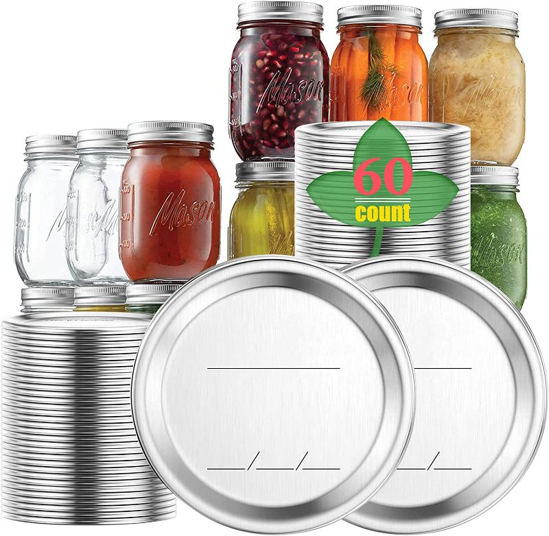 Photo 1 of 60-Count Regular Mouth Canning Lids for Ball, Kerr Jars - Split-Type Thickened Metal Food Grade Material Mason Jar Lids for Canning, 100% Fit & Airtight for Regular Mouth Jars
