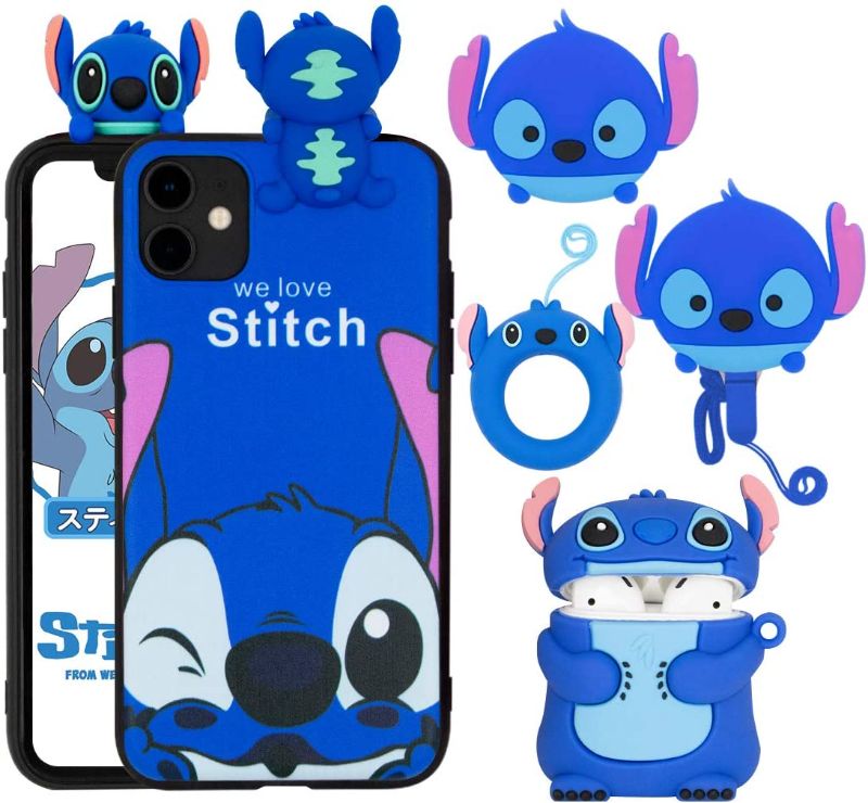 Photo 1 of iPhone 11 Cute Case Cute Cartoon 3D Animal Character Stitch Silicone Cover Case Suitable for Girls Compatible iPhone 11(6.1 in) with Lanyard Doll and Phone Back Bracket
