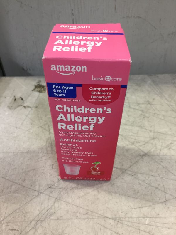 Photo 4 of Basic Care Children's Allergy Relief, Diphenhydramine HCl 12.5 mg/5 mL Oral Solution, Antihistamine, Cherry Flavor, 8 Fluid Ounces -PACKAGING IS DAMAGED-- -- BEST BY 06/2024