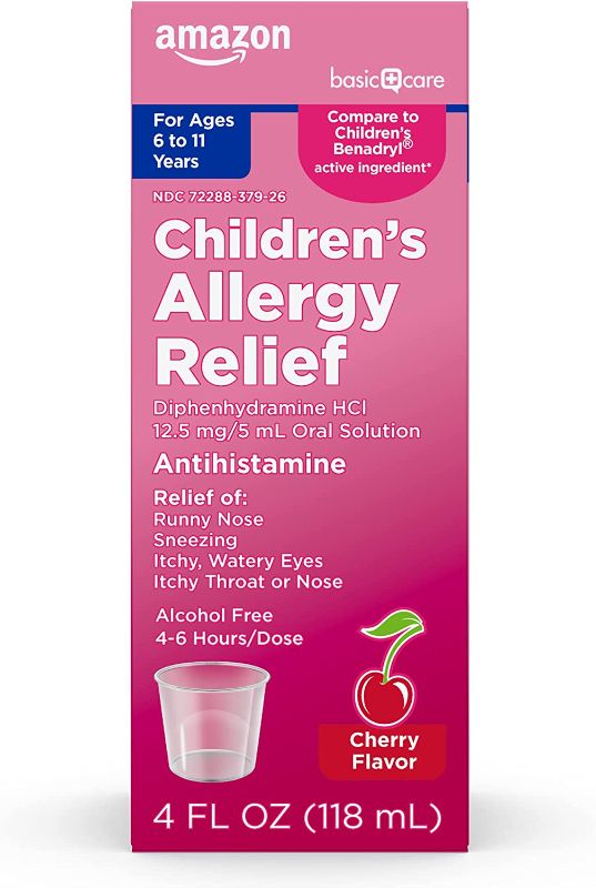 Photo 1 of Basic Care Children's Allergy Relief, Diphenhydramine HCl 12.5 mg/5 mL Oral Solution, Antihistamine, Cherry Flavor, 8 Fluid Ounces -PACKAGING IS DAMAGED-- -- BEST BY 06/2024