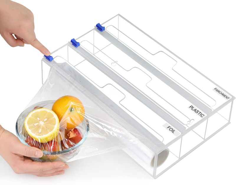 Photo 1 of 3 in 1 Acrylic Plastic Wrap Dispenser with Cutter and Labels, Foil Plastic Wrap Roll Organizer for Kitchen Drawer, Aluminum Foil, Wax Paper,Parchment,Saran Wrap Dispenser for Organization and Storage --FACTORY SEALED --
