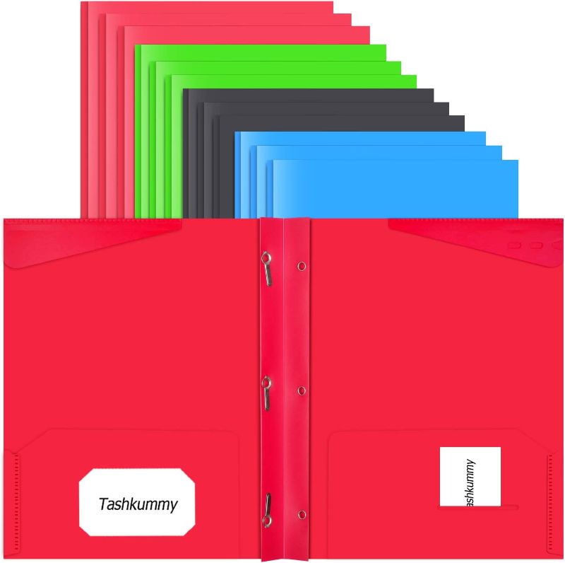 Photo 1 of Tashkummy Heavy Duty Plastic Pocket Folder with brads-12 Pack , Plastic Folders with Pockets and Prongs, 2 Business Card Slot and 2 Stay-Put Tabs with Pen Holder, 4 Assorted Color
