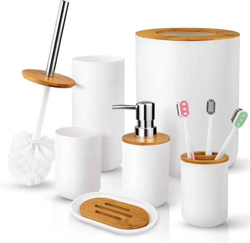 Photo 1 of 6 Pcs Bamboo and Plastic Bathroom Accessories Sets, Includes Toothbrush Cup, Toothbrush Holder, Soap Dispenser, Soap Dish, Toilet Brush with Holder, Trash Can, with 3 Pcs Toothbrushes (White) --FACTORY SEALED --
