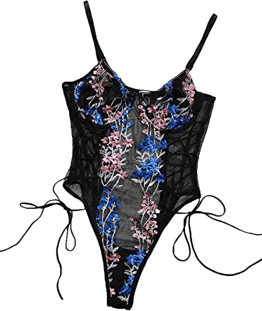 Photo 1 of Dikkamon Women's Floral Embroidered Sheer Mesh Teddy Bodysuit Lingerie Black Flower L
SIZE L 