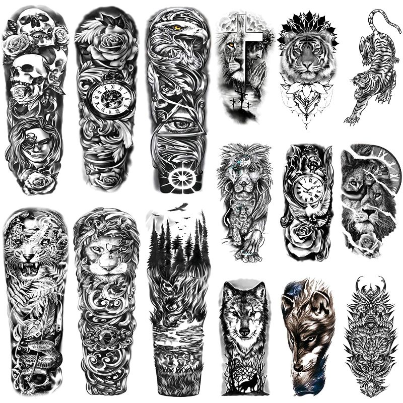 Photo 1 of 15Sheets Men's Temporary Tattoo Sticker Full Arm(18.9x6.7 inch) Half Sleeve(8.3x4.5 inch) Wolf Tiger Lion Beast Pattern
