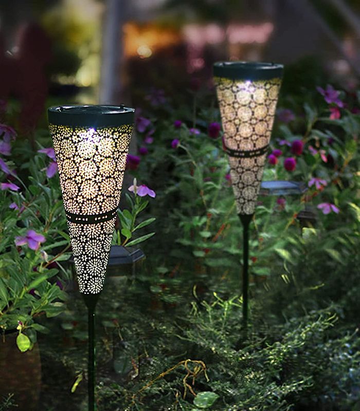 Photo 1 of 2 Pack Outdoor Solar Lantern Lights Stake Lights Warm White, Metal LED Decorative Light with Stakes for Patio, Garden, Lawn, Deck, Umbrella, Tent, Tree, Yard- Waterproof
