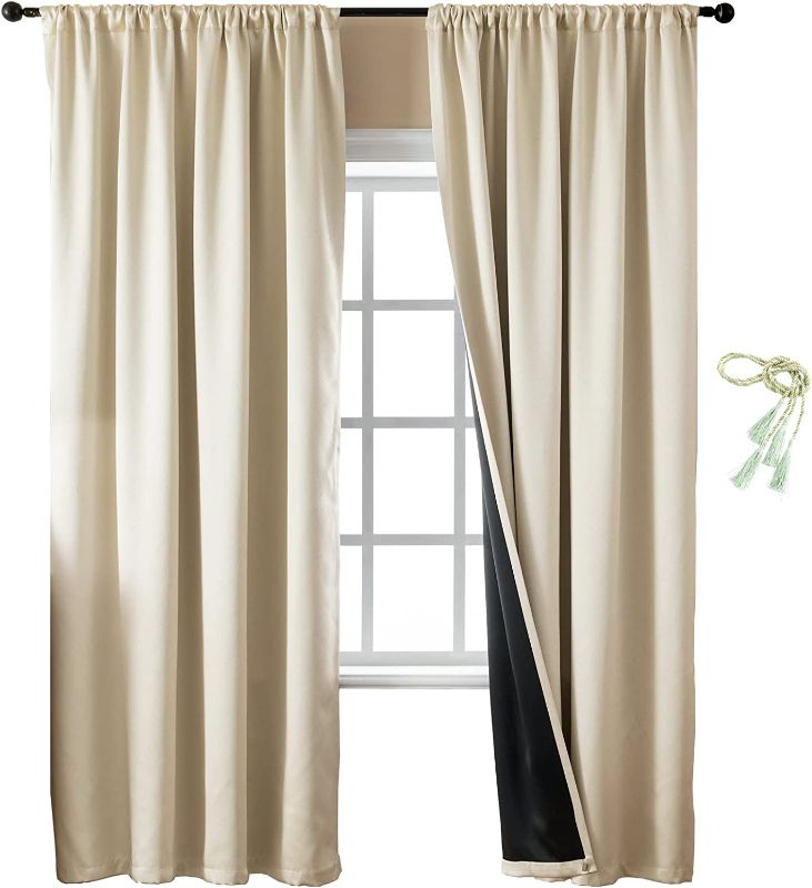 Photo 1 of Baolanna 100% Blackout Window Curtain Panels 2 Panels Set Rod Pocket Top Thermal Insulated Complete Black Out Curtains Light Blocking Soundproof Window Drapes for Living Room Bedroom Beige, 52X84inch
