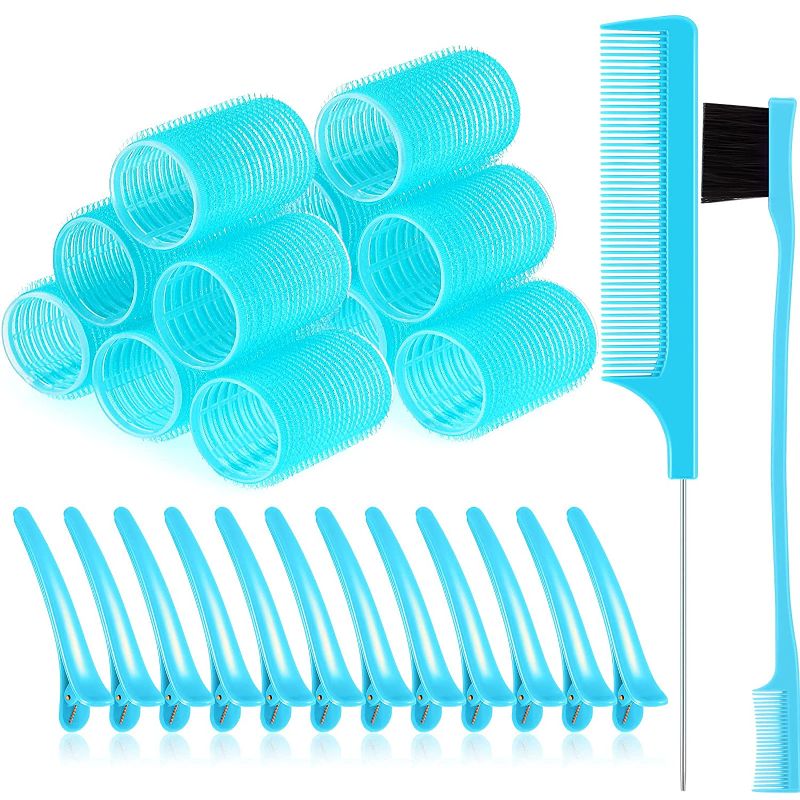 Photo 1 of 12 Pieces Self Grip Hair Rollers 1.73 Inch Salon Hair Dressing Curlers No Heat Hairdressing Curlers Self Holding Hair Rollers Duckbill Hair Clips Hair Edge Brush Rat Tail Comb (Blue,1.42 Inch)
