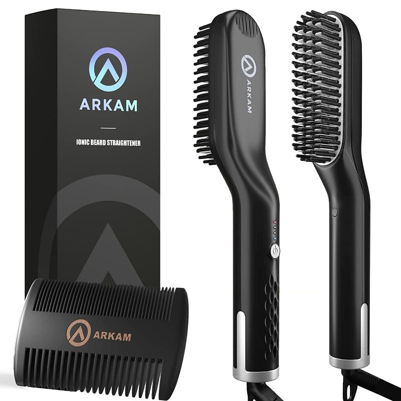 Photo 1 of Arkam Beard Straightener for Men -Original Heated Beard Brush Kit w/ Anti-Scald Feature, Dual Action Hair Comb and Travel Bag for Short to Medium Beards -Costume Accessories and Grooming Gifts for Men (FACTORY SEALED)
