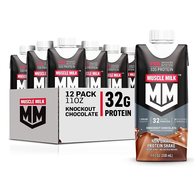 Photo 1 of 
Muscle Milk Pro Advanced Nutrition Protein Shake, Knockout Chocolate, 11 Fl Oz Carton, 12 Pack, 32g Protein, 1g Sugar, 16 Vitamins & Minerals, 5g Fiber, Workout Recovery, Packaging May Vary
EXP DEC1 2022