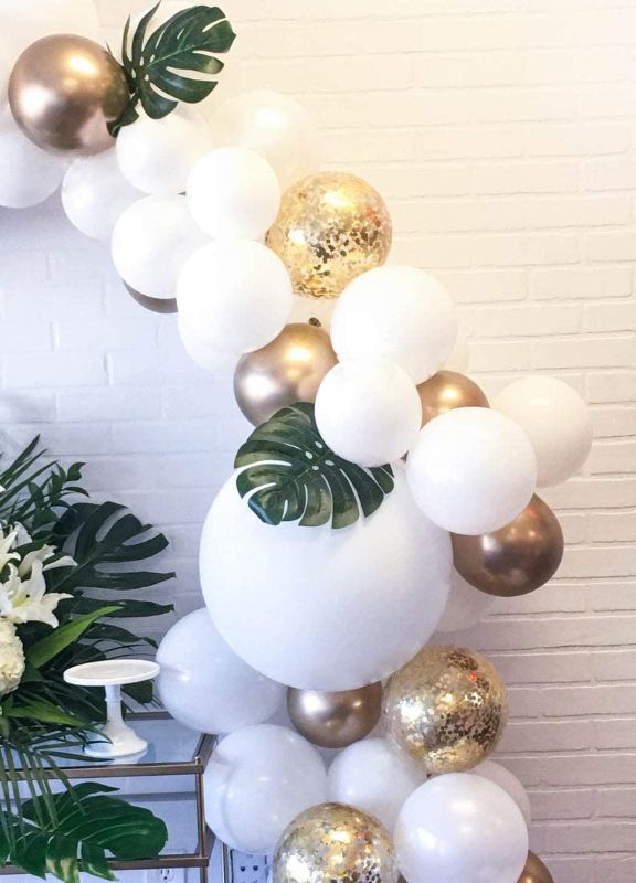 Photo 1 of Balloon Garland Arch Kit 16FT Long,90 Pieces White Gold Confetti Balloons for Baby Shower Weeding Birthday Bachelorette Party Backdrop Background Decorations Tropical Party