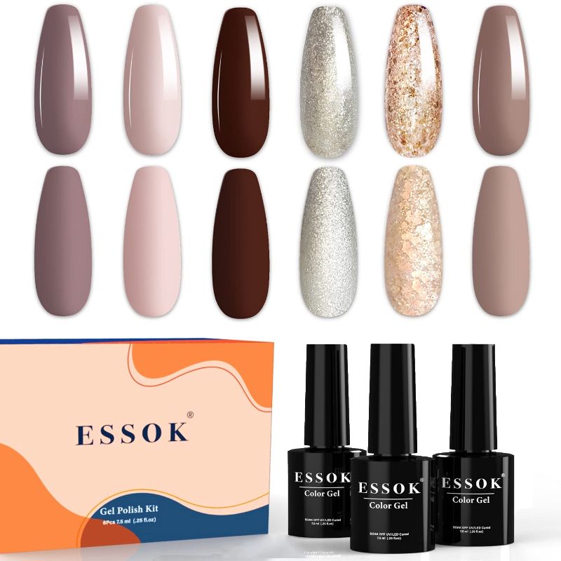 Photo 1 of Essok Gel Nail Polish Kit - 6 Colors Sweet Cappuccino Light Pink Brown Nail Polish Gold Sliver Glitter Gel Nail Polish Beige Taupe Nude Colors UV LED Soak Off Gel Home Manicure Christmas Gift