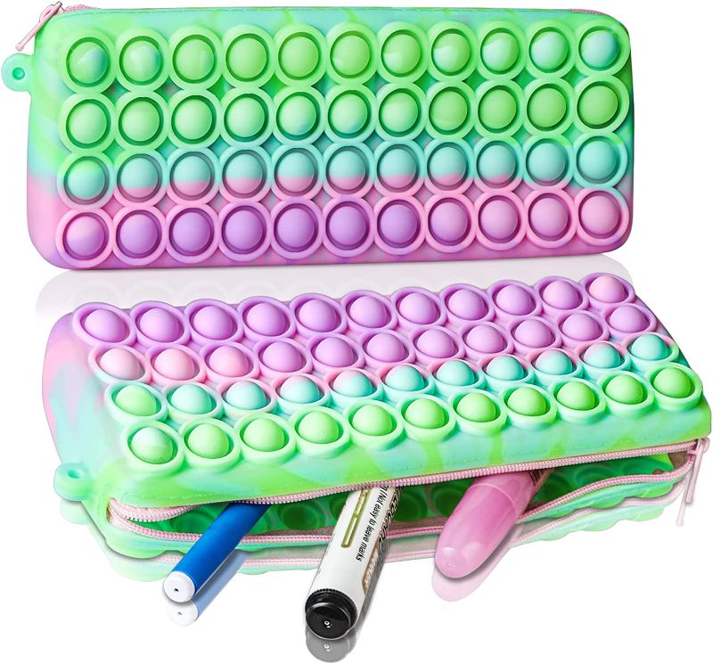 Photo 2 of ATESSON Pop Bubble Pencil case, Pencil Pen Case Sensory Silicone Toy, Stationery Storage Bag Decompression Toy for Kids, Office Stationery Organizer, Anti-Anxiety Toy for Kids and Adult (Green purple)