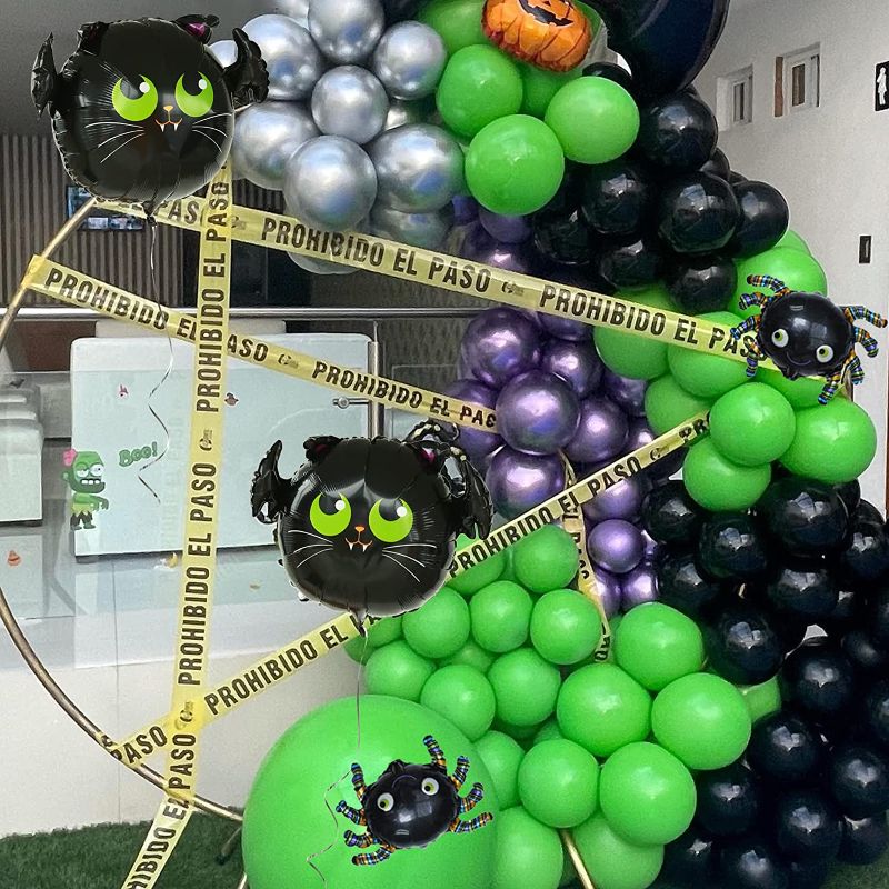 Photo 1 of 160Pcs Halloween Balloons Garland Kit with Grey Black Pea Green White Ballooons for Horrible Spide Bat Theme Birthday or Spooky Party Decorations

