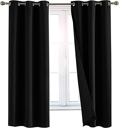 Photo 1 of 100% Blackout Window Curtains: Room Darkening Thermal Window Treatment with Light Blocking Black Liner for Bedroom, Nursery and Day Sleep - 2 Pack of Drapes, Midnight Black (63” Drop x 42” Wide Each)
