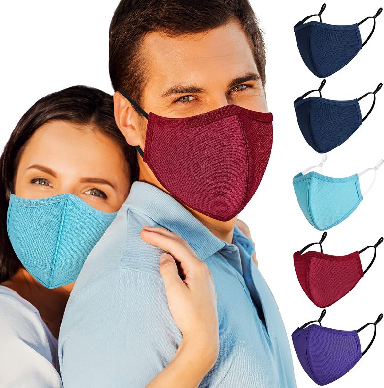 Photo 1 of 5 PCS (Large Size) 3Layer Face Masks with Adjustable Ear Loop Reusable and Washable Cloth for Women and Men (2Blue+1Sky Blue+1Red+1Purple)
2 PACK 