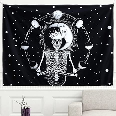 Photo 1 of 2 Black and White Skeleton Tapestry for Bedroom, OPLEBEPE Horror Skull Moon Planet Chakra Tapestry, Mediuim Moon Phase Mandala Meditation Tapestry for Room Décor (51.2'' x 59.1'') * 2 Count 
