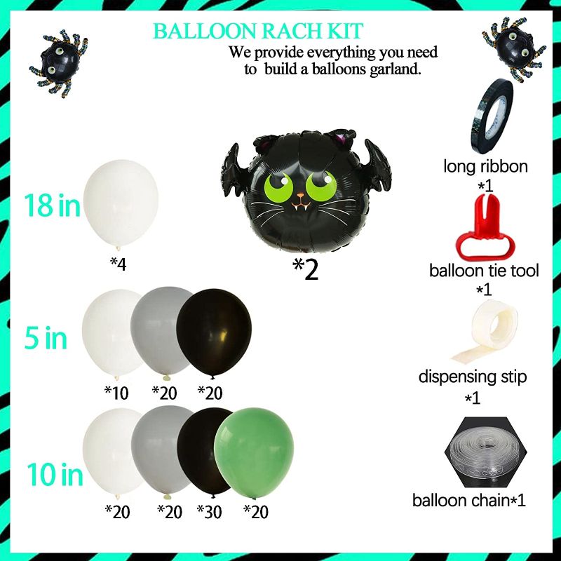 Photo 2 of 160Pcs Halloween Balloons Garland Kit with Grey Black Pea Green White Ballooons for Horrible Spide Bat Theme Birthday or Spooky Party Decorations