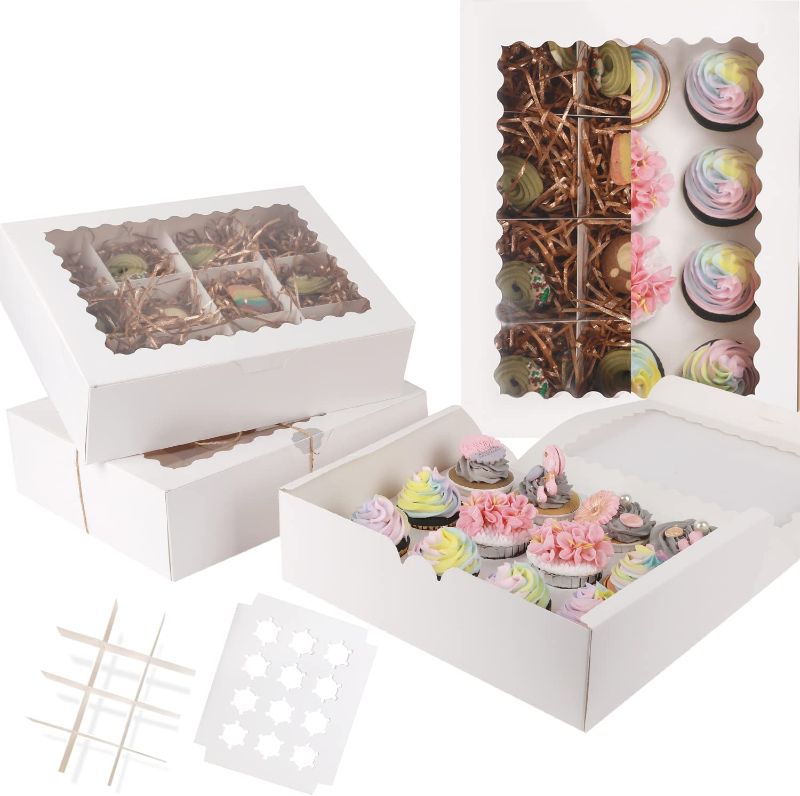 Photo 1 of 12 Cupcake Boxes with Window 21 Packs White Cupcake Box 13"x10"x3.5" Bakery Boxes For Cupcakes Carrier, Cupcake Container?21 Cupcake Inserts+5 Set Cookie Dividers?