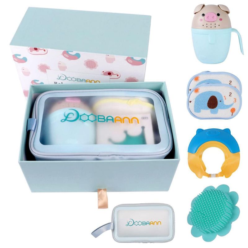 Photo 1 of DOOBAANN Baby Bath Set,Silicone Bath Brush,Baby Shower Cap,Bath Rinse Cup,Baby Bath Sponge(Blue)