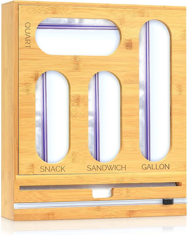 Photo 1 of Bamboo Ziplock Bag Storage Organizer For Kitchen drawer,Baggie Organizer,Plastic Wrap Dispenser With Cutter,Sandwich Bag Organizer Compatible with Gallon, Quart, Sandwich and Snack Variety Size Bag