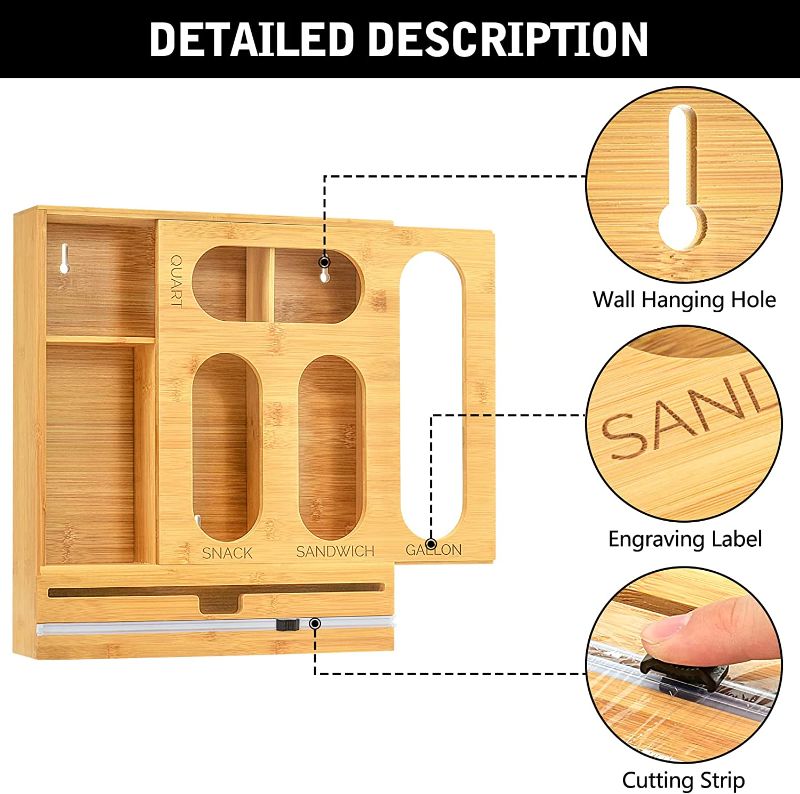 Photo 3 of Bamboo Ziplock Bag Storage Organizer For Kitchen drawer,Baggie Organizer,Plastic Wrap Dispenser With Cutter,Sandwich Bag Organizer Compatible with Gallon, Quart, Sandwich and Snack Variety Size Bag