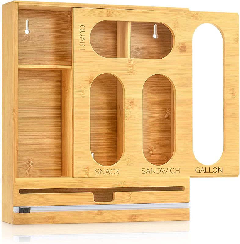 Photo 1 of Bamboo Ziplock Bag Storage Organizer For Kitchen drawer,Baggie Organizer,Plastic Wrap Dispenser With Cutter,Sandwich Bag Organizer Compatible with Gallon, Quart, Sandwich and Snack Variety Size Bag