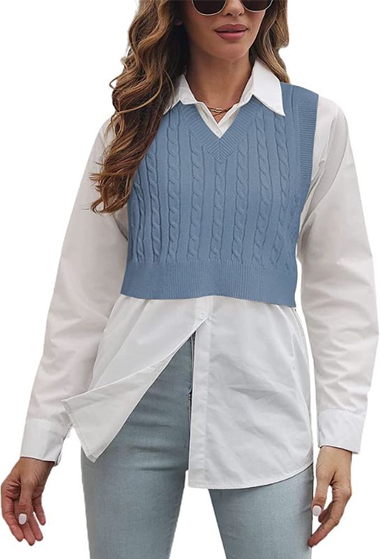 Photo 1 of Lailezou Women's V-Neck Knit Sweater Vest Solid Color Argyle Plaid Preppy Style Sleeveless Crop Knit Vest  LARGE