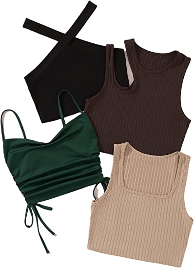 Photo 1 of MakeMeChic Women's Casual 4 Pieces Solid Ribbed Knit Crop Tank Tops Vest Pack  MEDIUM