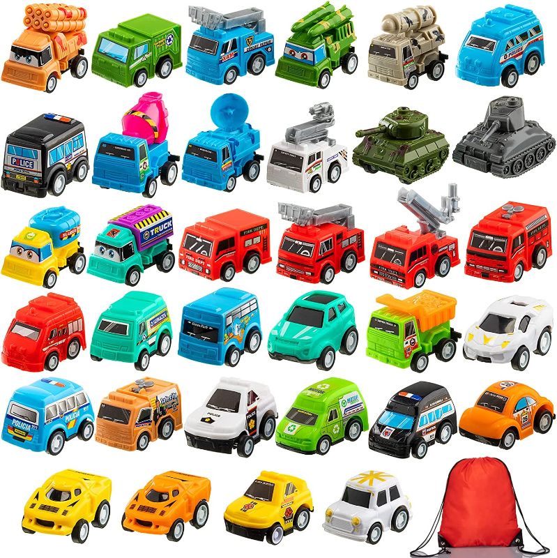 Photo 1 of 34 Pcs Pull Back Cars Mini Assorted Construction Vehicles Transportation Truck Vehicles Toys Small Toy Cars Set with Red Drawstring Bag for Birthday Party Favors
