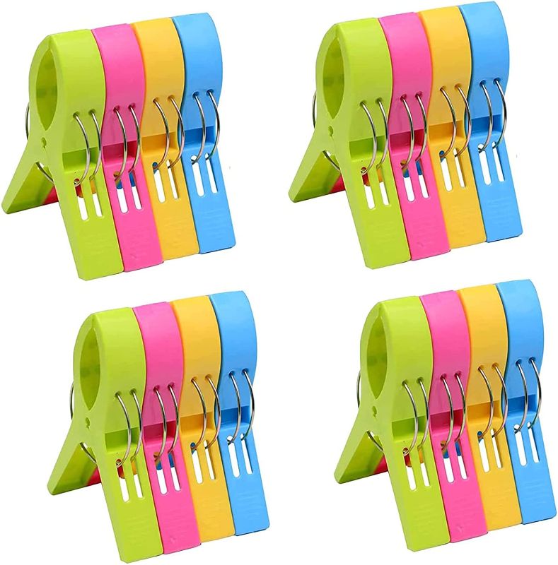 Photo 1 of Beach Towel Clips for Beach Chairs, 16 Pcs 4.7 Inch 4 Colour Plastic Large Clothespin Towel Clips for Chairs, Beach Accessories for Vacation Must Haves (Blue, Green, Yellow, Hot Pink 16pcs 4.7'')
