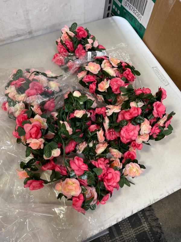 Photo 1 of AnoKe 6pcs 49 FT Rose Vine Flowers Garland Plants- BSTC Artificial Fake Rose Vine Flowers Ivy Garlands Hanging Rose Ivy for Wedding Party Garden Wall Decoration Silk Flowers, Pink
