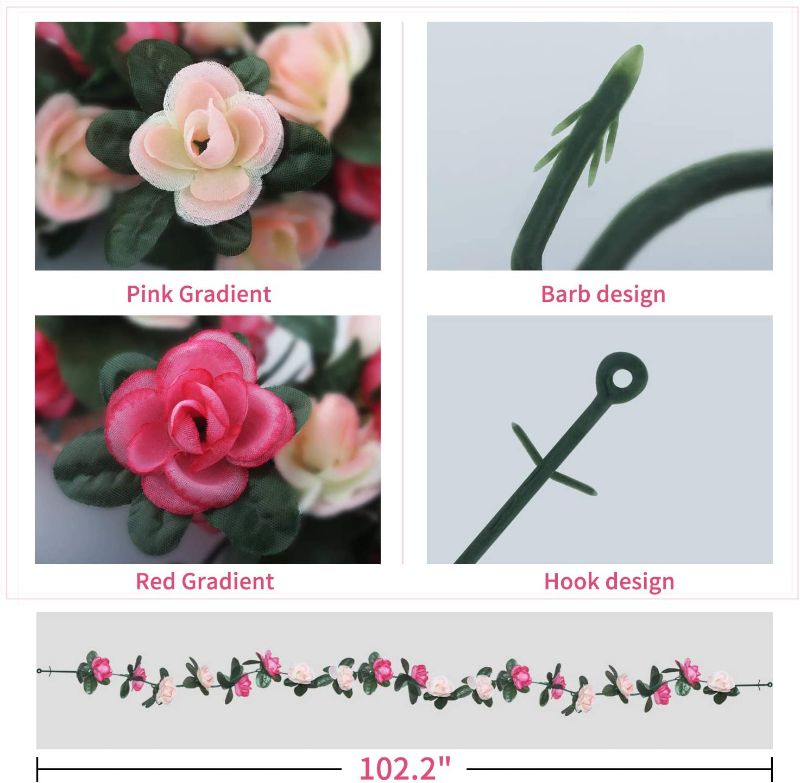 Photo 2 of AnoKe 6pcs 49 FT Rose Vine Flowers Garland Plants- BSTC Artificial Fake Rose Vine Flowers Ivy Garlands Hanging Rose Ivy for Wedding Party Garden Wall Decoration Silk Flowers, Pink
